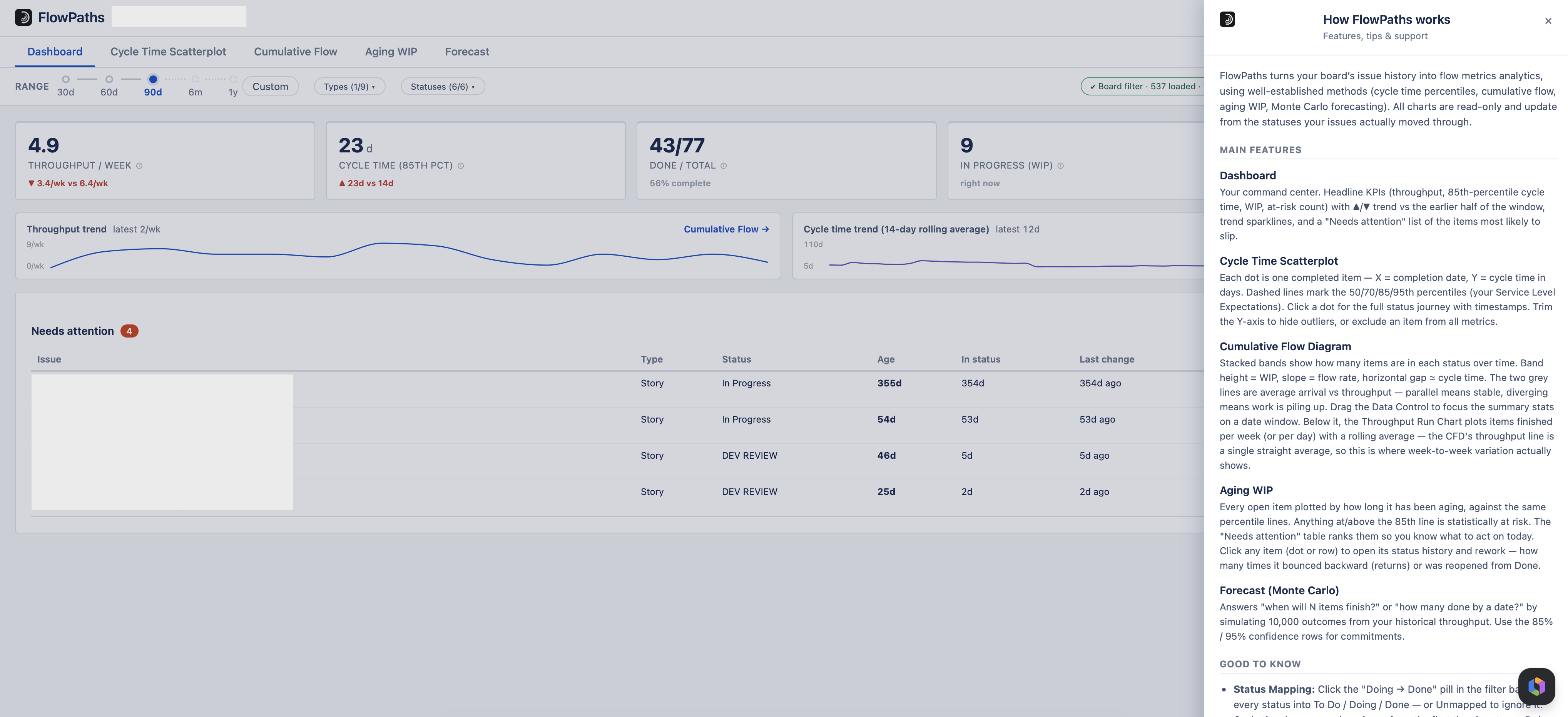 The in-app help panel describing each of the five FlowPaths tabs