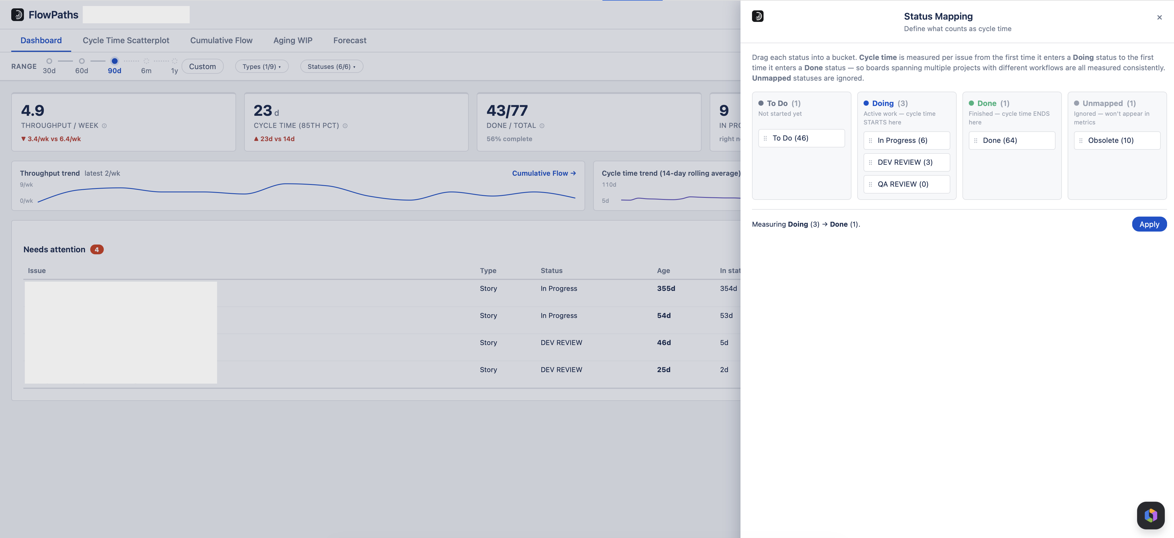 Status Mapping drawer with statuses dragged into To Do, Doing, Done and Unmapped buckets